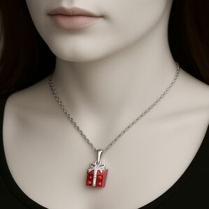 Elegant Swarovski Crystal Gift Box Pendant Necklace – Red Holiday Charm Women